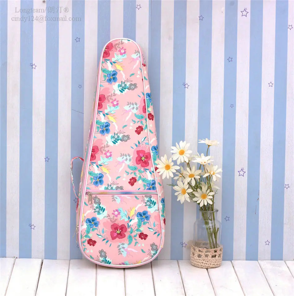 Ukuleleväska - rosa bakgrund med färgglada blommor