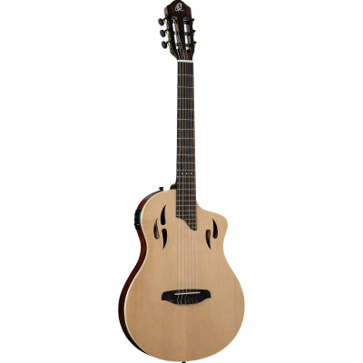 Klassisk gitarr med mikrofon, Tunn kropp, Smal hals, Glansig naturfinish
