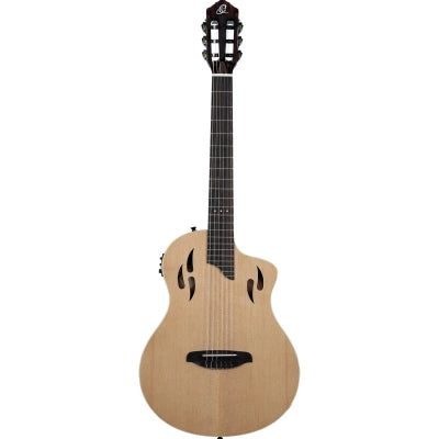 Klassisk gitarr med mikrofon, Tunn kropp, Smal hals, Glansig naturfinish