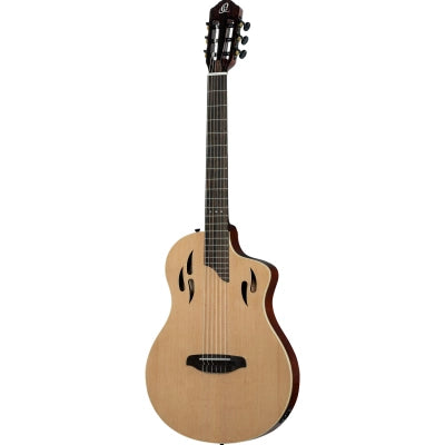 Klassisk gitarr med mikrofon, Tunn kropp, Smal hals, Glansig naturfinish