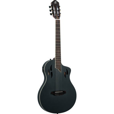 Klassisk gitarr med mick, tunn kropp, smal hals, satin svart finish