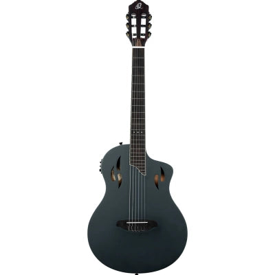 Klassisk gitarr med mick, tunn kropp, smal hals, satin svart finish