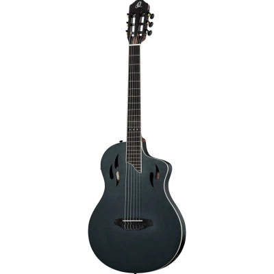 Klassisk gitarr med mick, tunn kropp, smal hals, satin svart finish