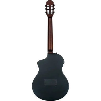 Klassisk gitarr med mick, tunn kropp, smal hals, satin svart finish