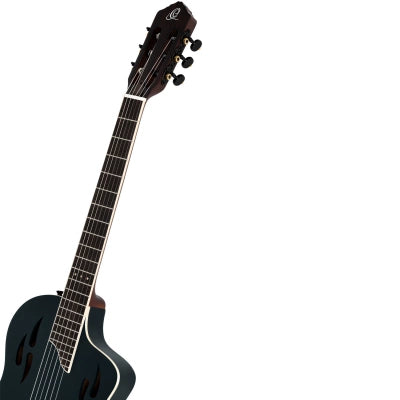 Klassisk gitarr med mick, tunn kropp, smal hals, satin svart finish